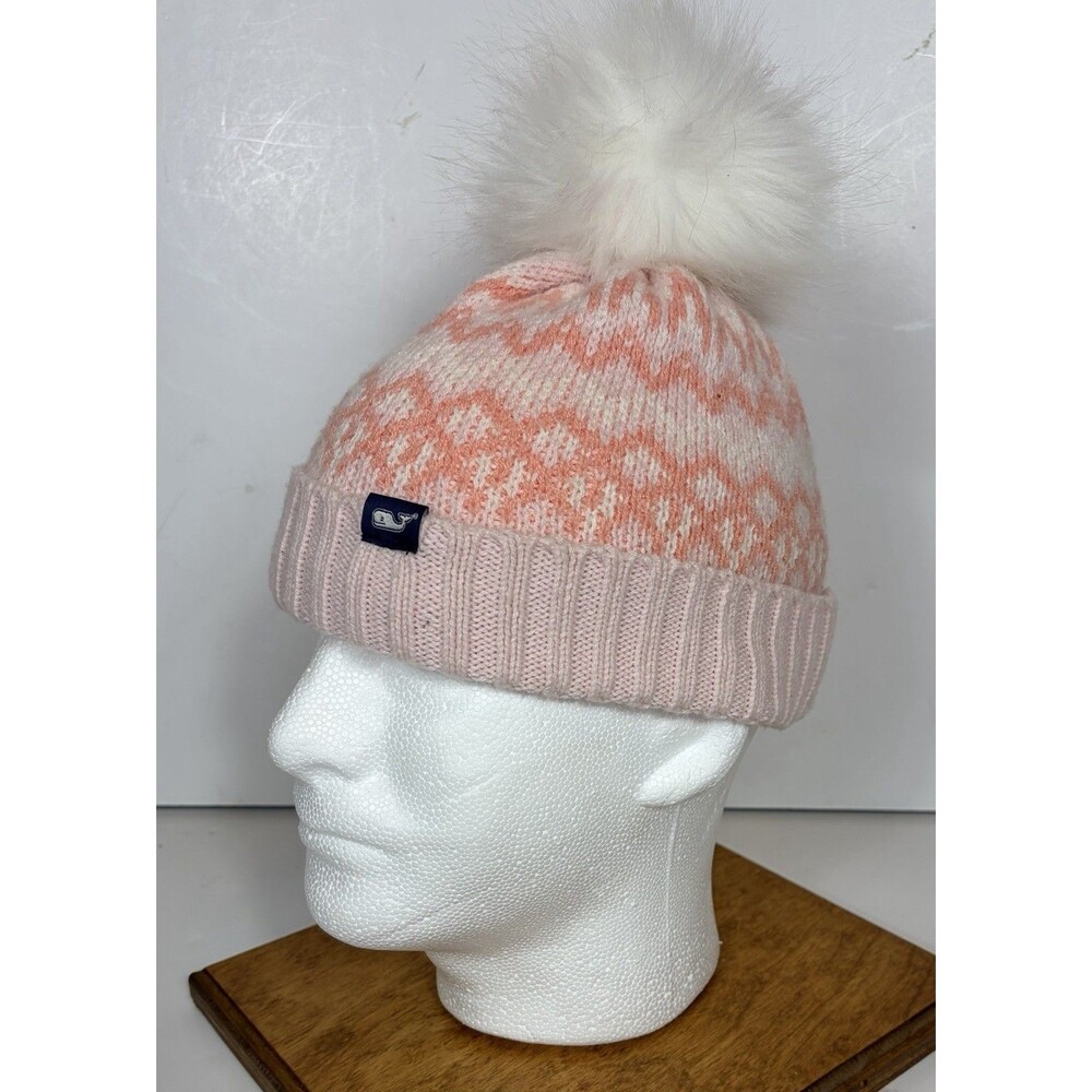 Vineyard Vines Fair Isle Print Pom Pom Beanie Pink Girls Youth One Size
